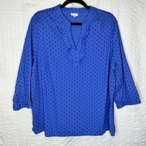 Talbots Shirt Womens 2X Blue Swiss Dot V Neck Ruffle 3/4 Sleeve Casual